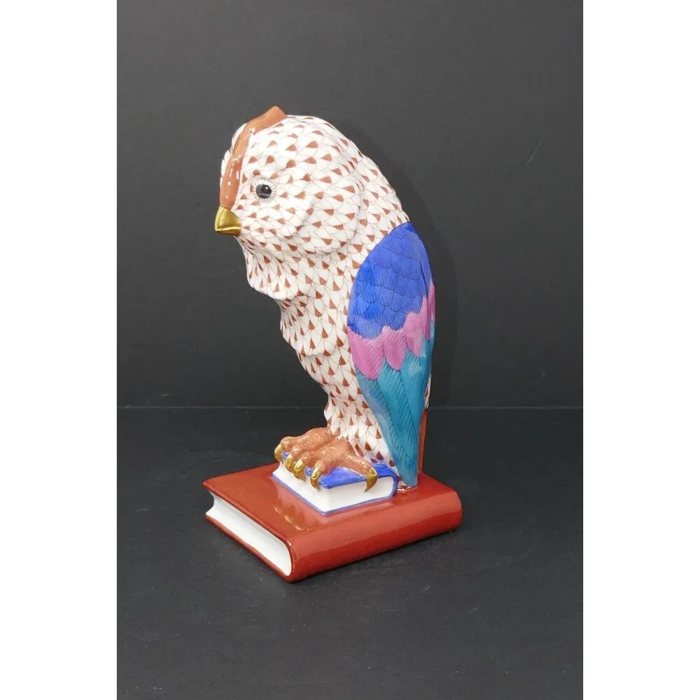 Herend Fishnet Owl on Books Medium Handpainted Porcelain Figurine 5104 Hungary - Picture 9 of 15